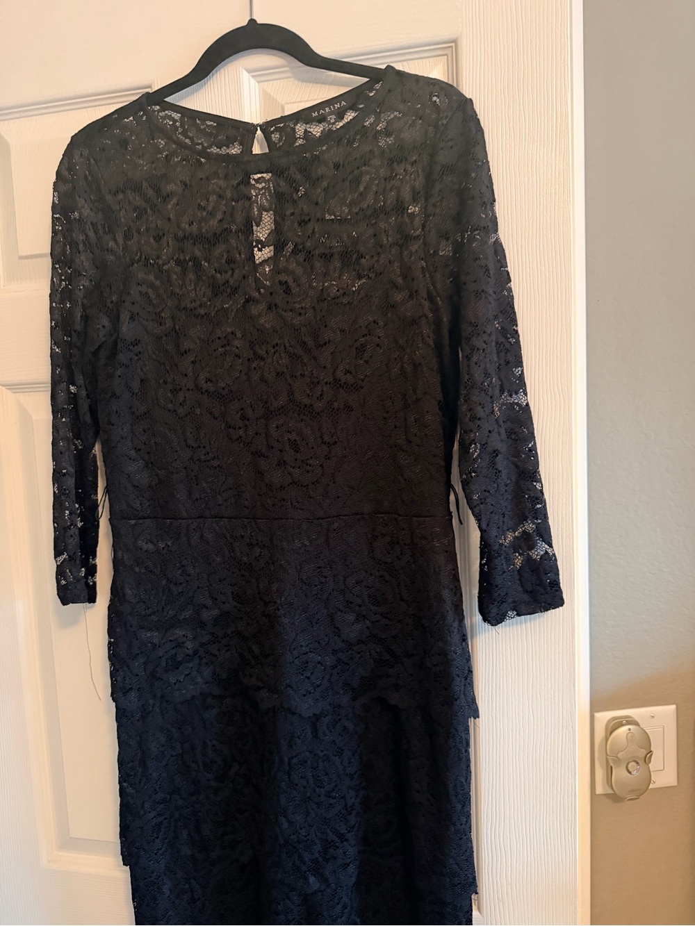 Elegant MARINA Black Long-Sleeve Lace Midi Dress, size 10